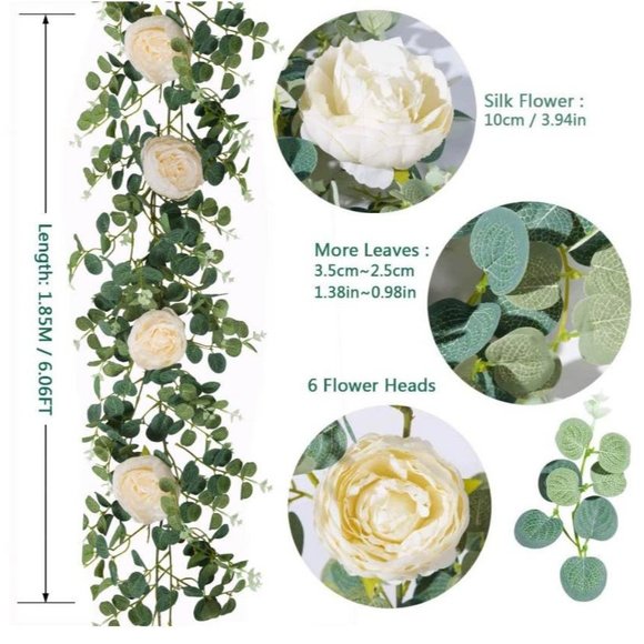 Hanging Eucalyptus Garland with 6 Ivory Champagne Roses Vine Flower Decor ~ NEW - Picture 4 of 4